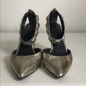 Brian Atwood Silver snakeskin pointed heels